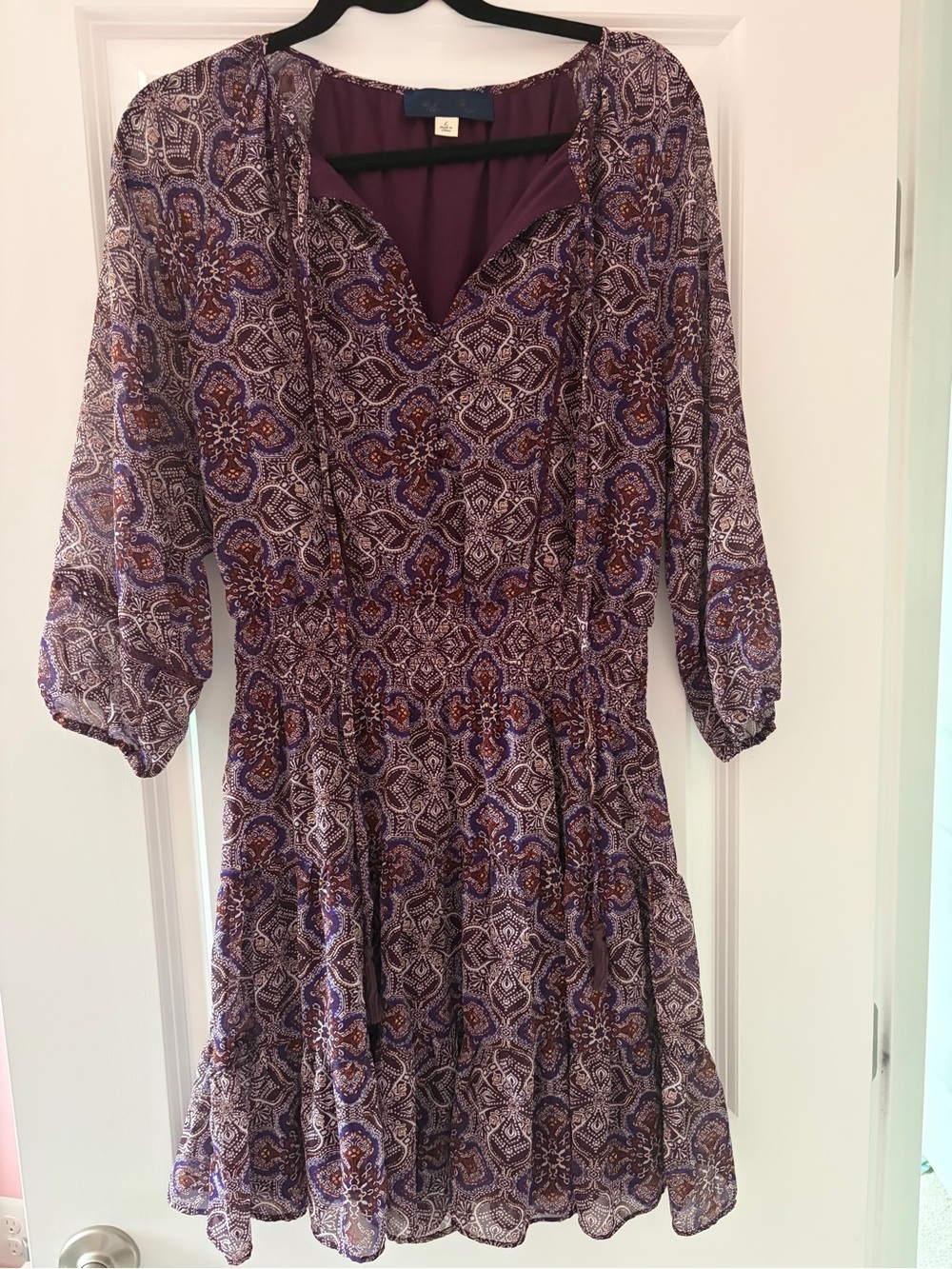 Blue Rain Purple Paisley Tiered Long-Sleeve Dress